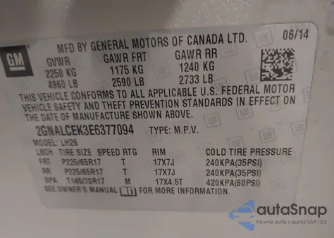 2014 Chevrolet Equinox 2Lt z USA, uszkodzony, nr VIN 2GNALCEK3E6377094